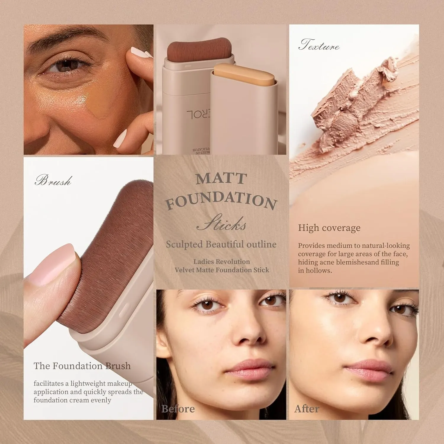 Multi-Use Foundation Stick Makeup with Built-In Brush, Lightweight Buildable Medium-to-Full Coverage, Longwear Contour Stick, Natural Finish