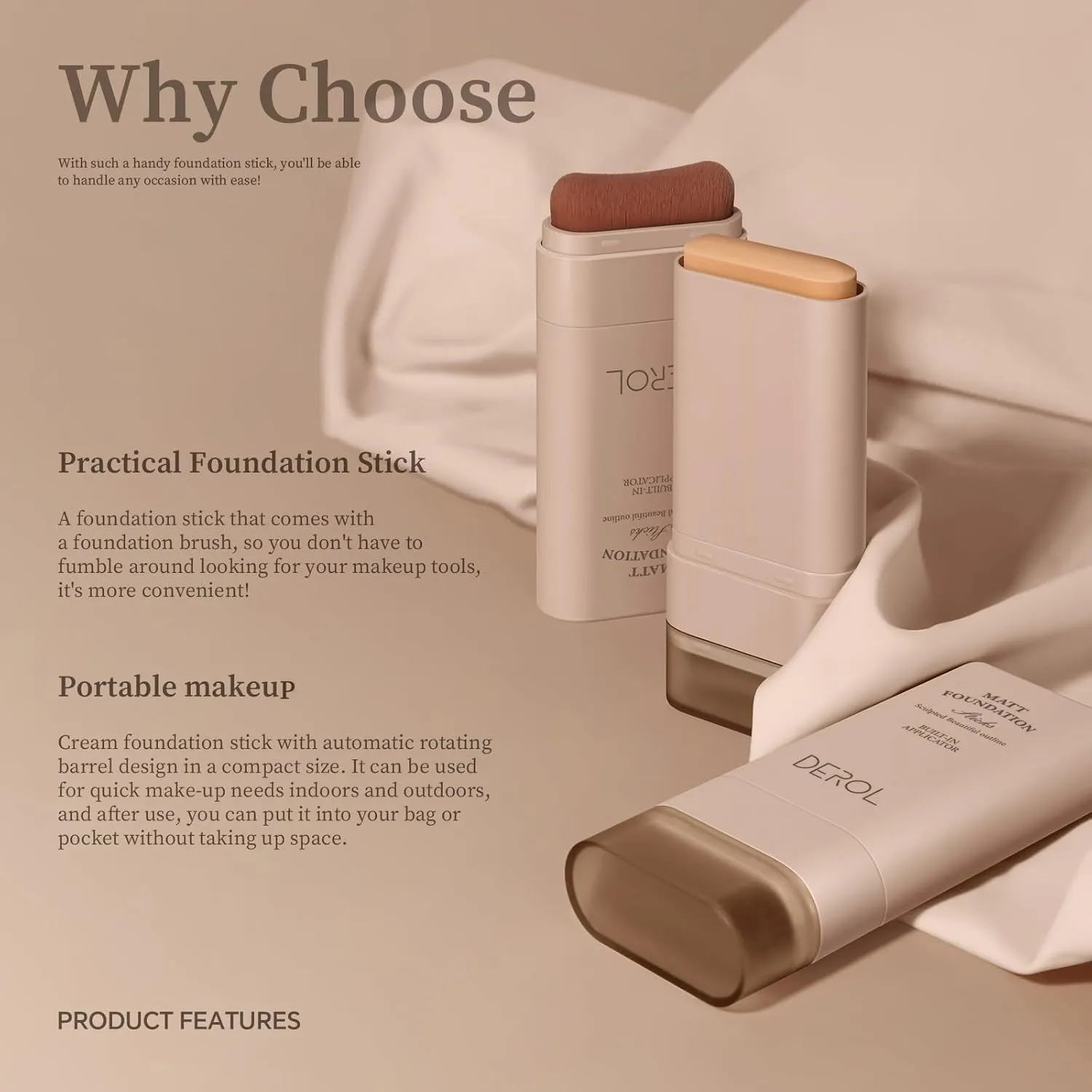 Multi-Use Foundation Stick Makeup with Built-In Brush, Lightweight Buildable Medium-to-Full Coverage, Longwear Contour Stick, Natural Finish