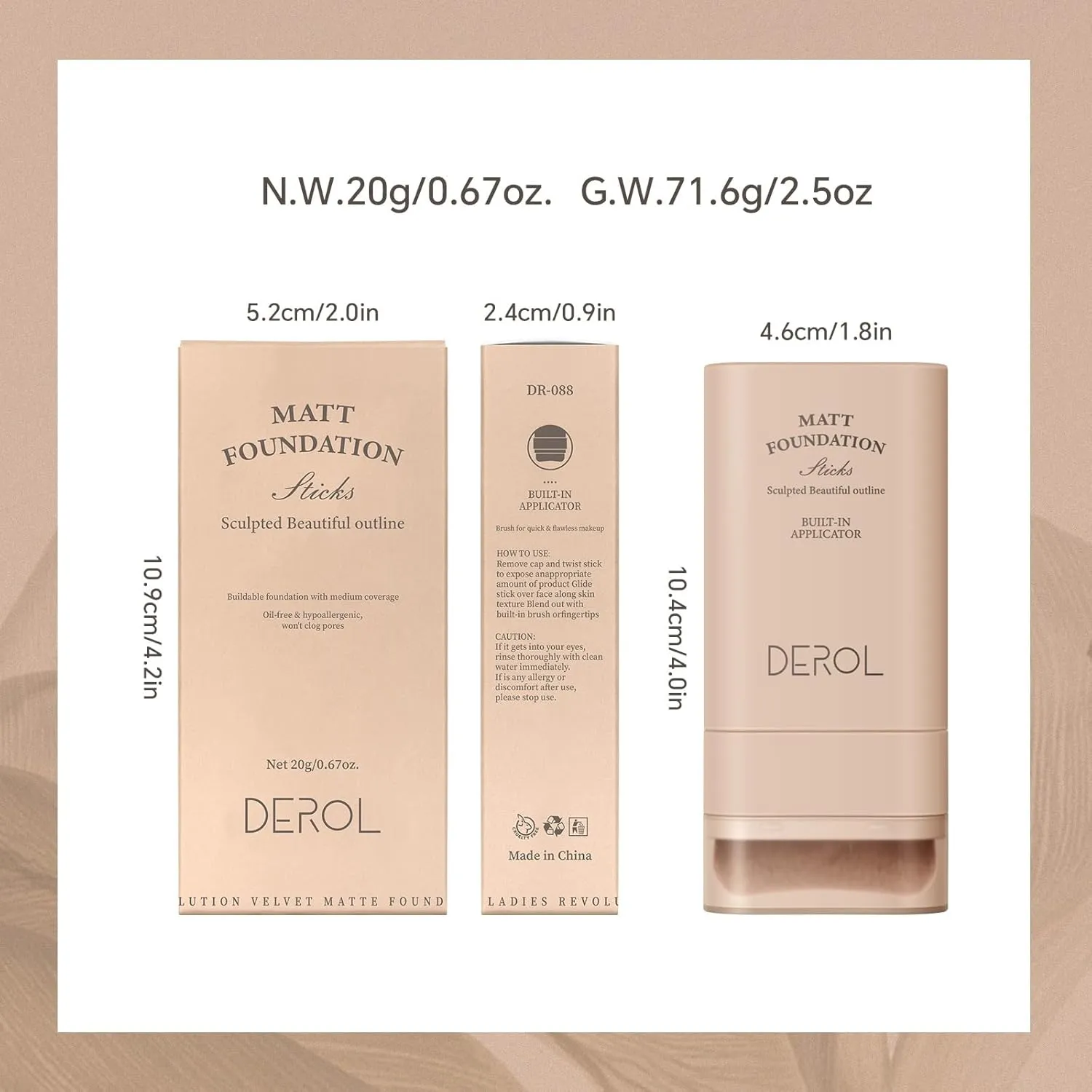 Multi-Use Foundation Stick Makeup with Built-In Brush, Lightweight Buildable Medium-to-Full Coverage, Longwear Contour Stick, Natural Finish