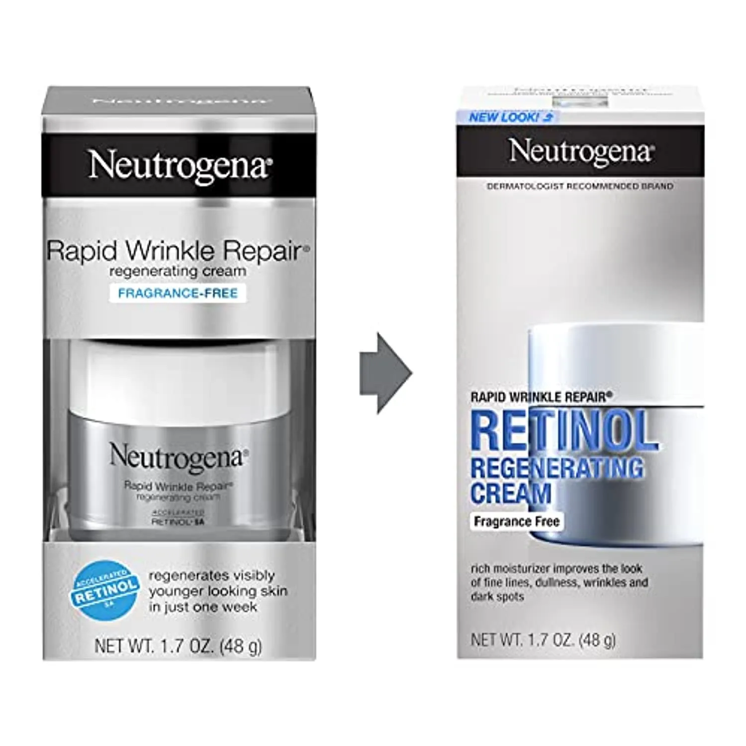 Neutrogena Rapid Wrinkle Repair Hyaluronic Acid Retinol Cream, Anti Wrinkle Cream, Face Moisturizer, Neck Cream & Dark Spot Remover for Face - Day & Night Cream with Hyaluronic Acid & Retinol, 1.7 oz