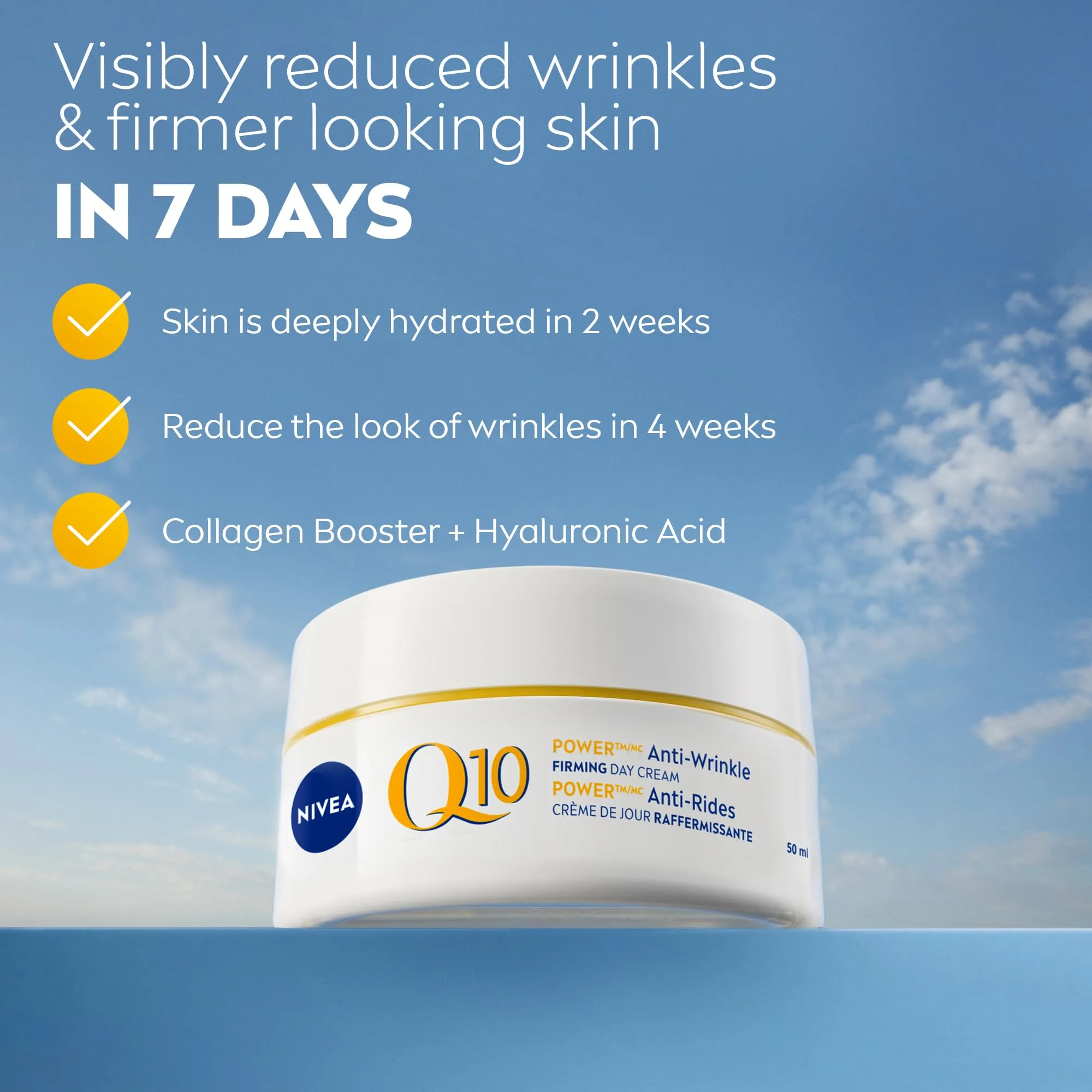 NIVEA Q10 Power Anti-Wrinkle Firming Day Face Cream, Anti Wrinkle Firming Cream with Q10 and Creatine, Face Moisturizer for All Skin Types, Visibly Reduces the Look of Wrinkles, 50mL