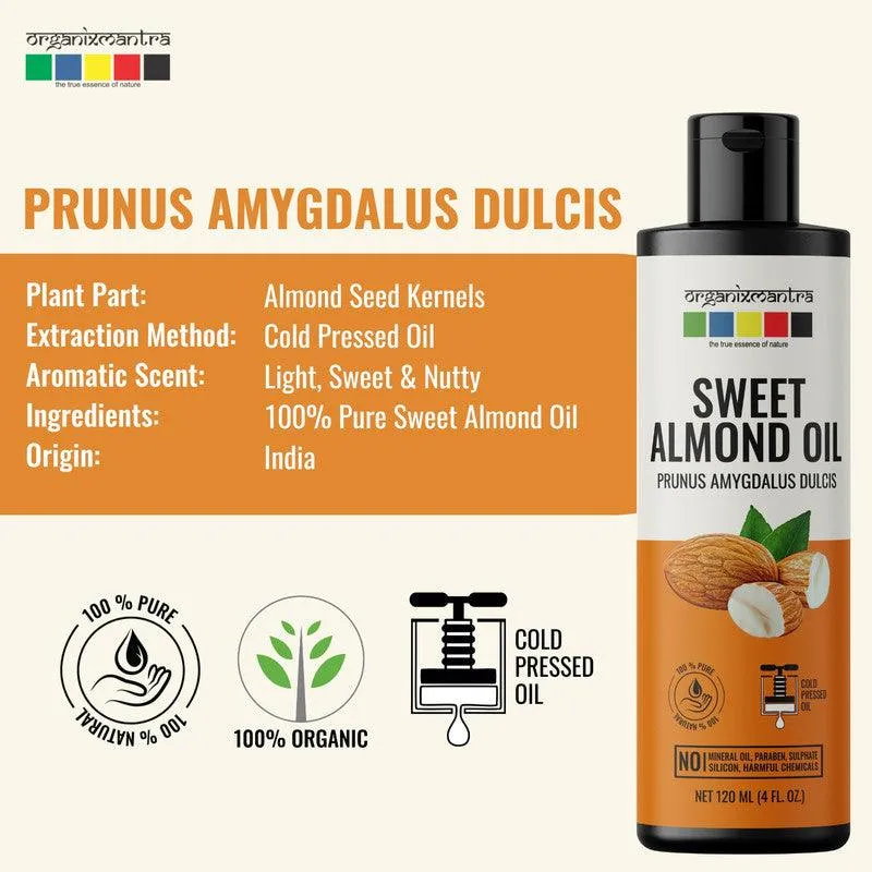 Organix Mantra Sweet Almond Oil for Hair, Body & Face Nourishment 100% Pure, Natural & Cold Pressed Organic Oil, 120ML x 2