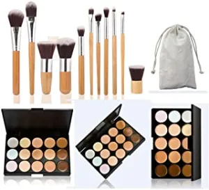 Pure Vie 15 Colors Cosmetics Cream Contour and Highlighting Makeup Kit, Color Correcting Cream Concealer Camouflage Makeup Palette   11 Pcs Foundation Powder Concealer Eye Shadows Makeup Brushs