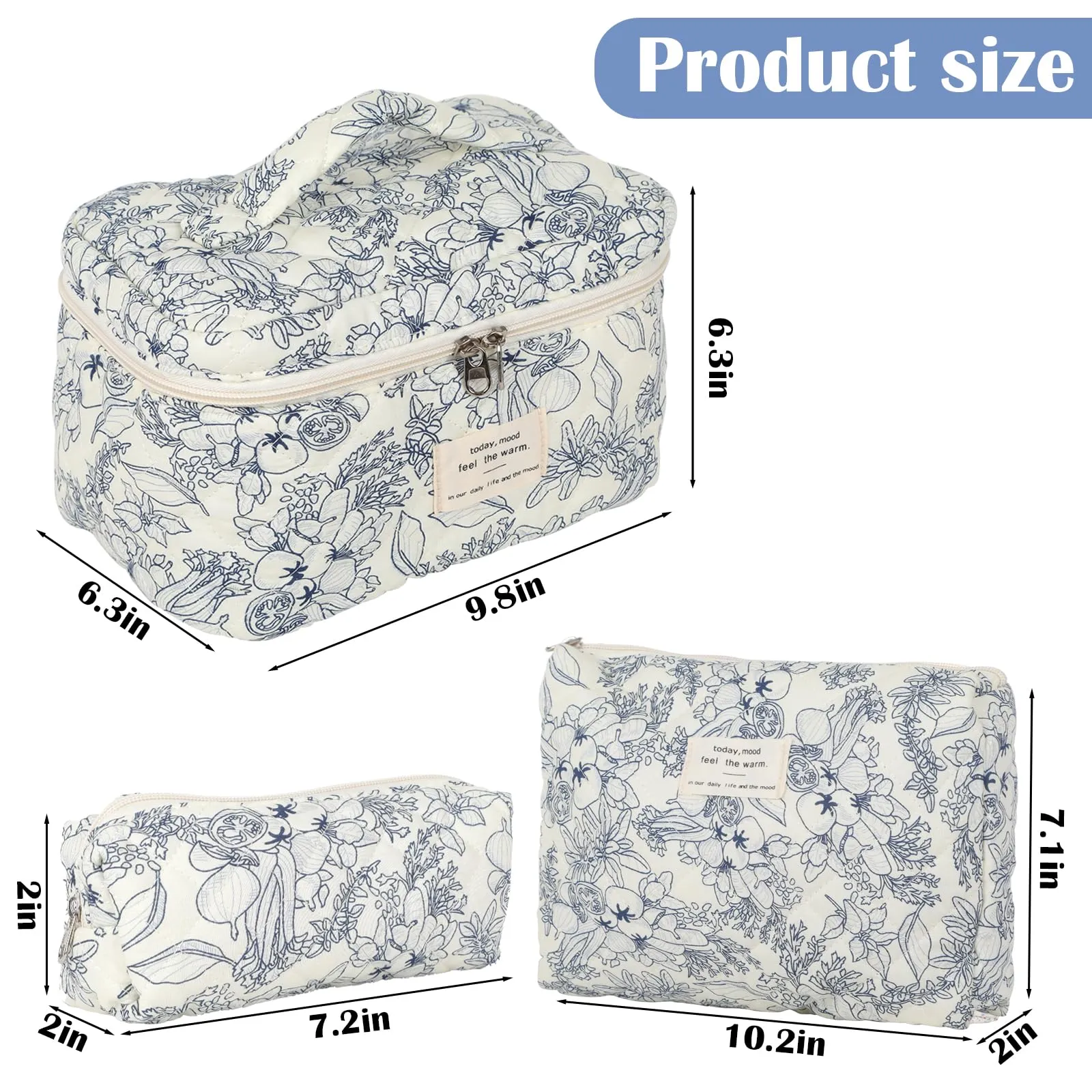 Quilted Floral Makeup Bag Set of 3