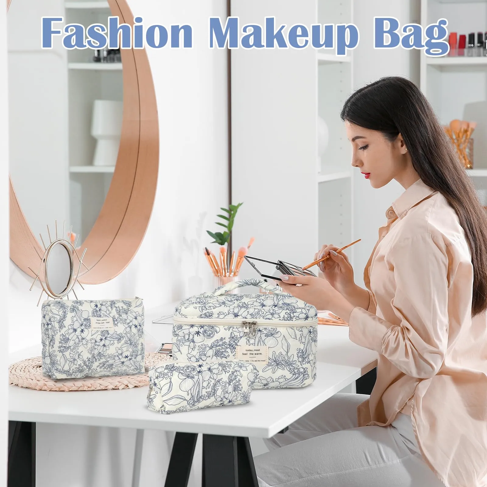 Quilted Floral Makeup Bag Set of 3