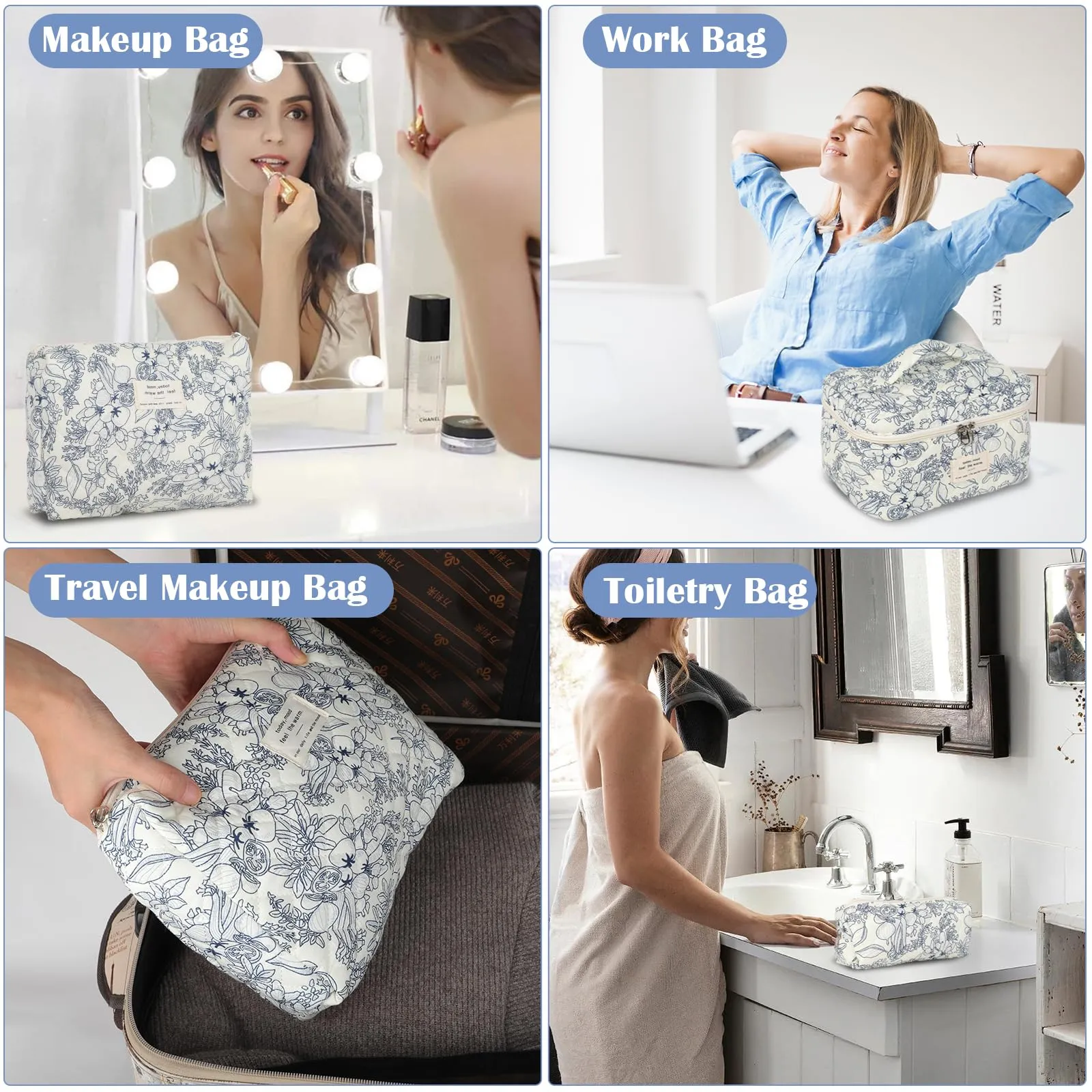 Quilted Floral Makeup Bag Set of 3