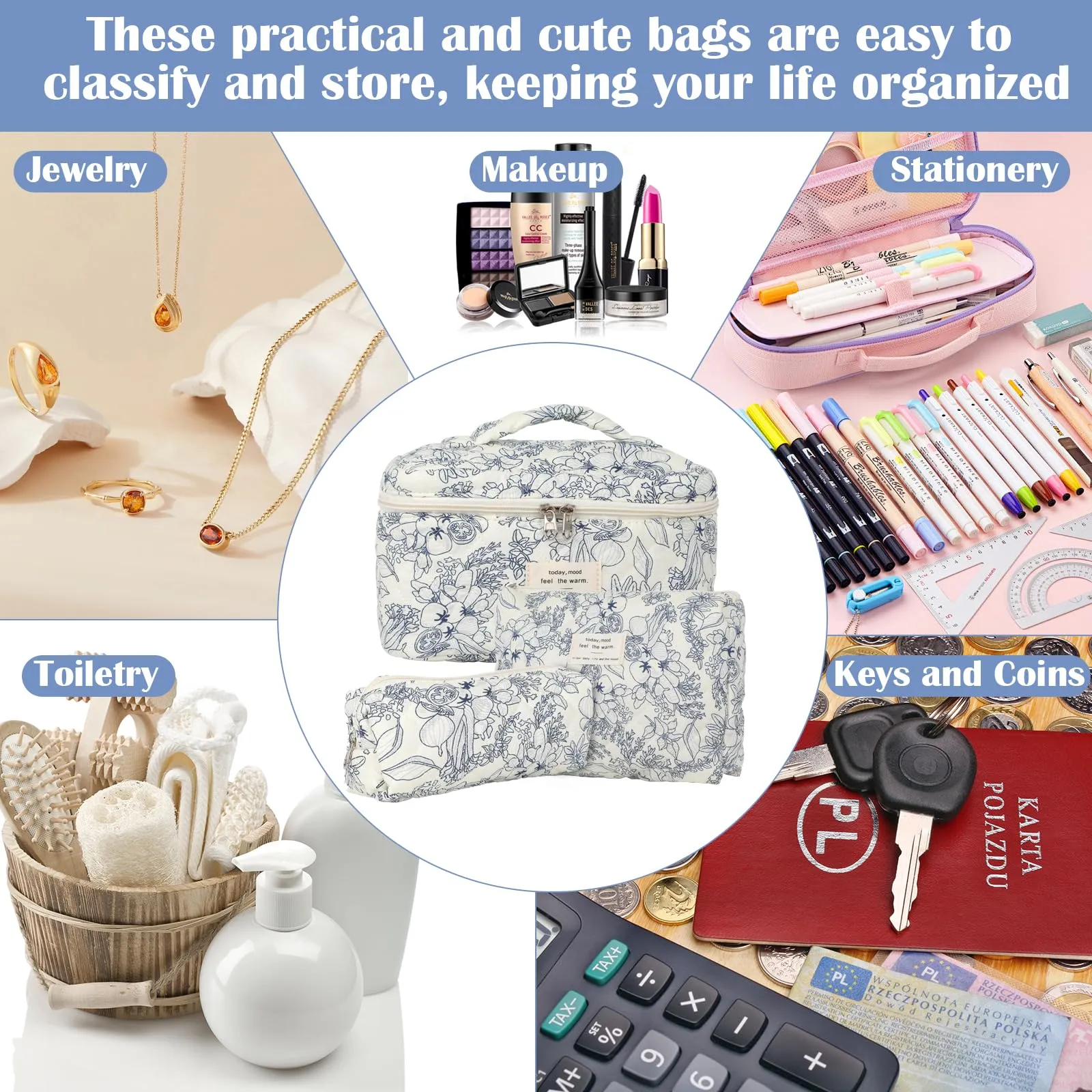 Quilted Floral Makeup Bag Set of 3