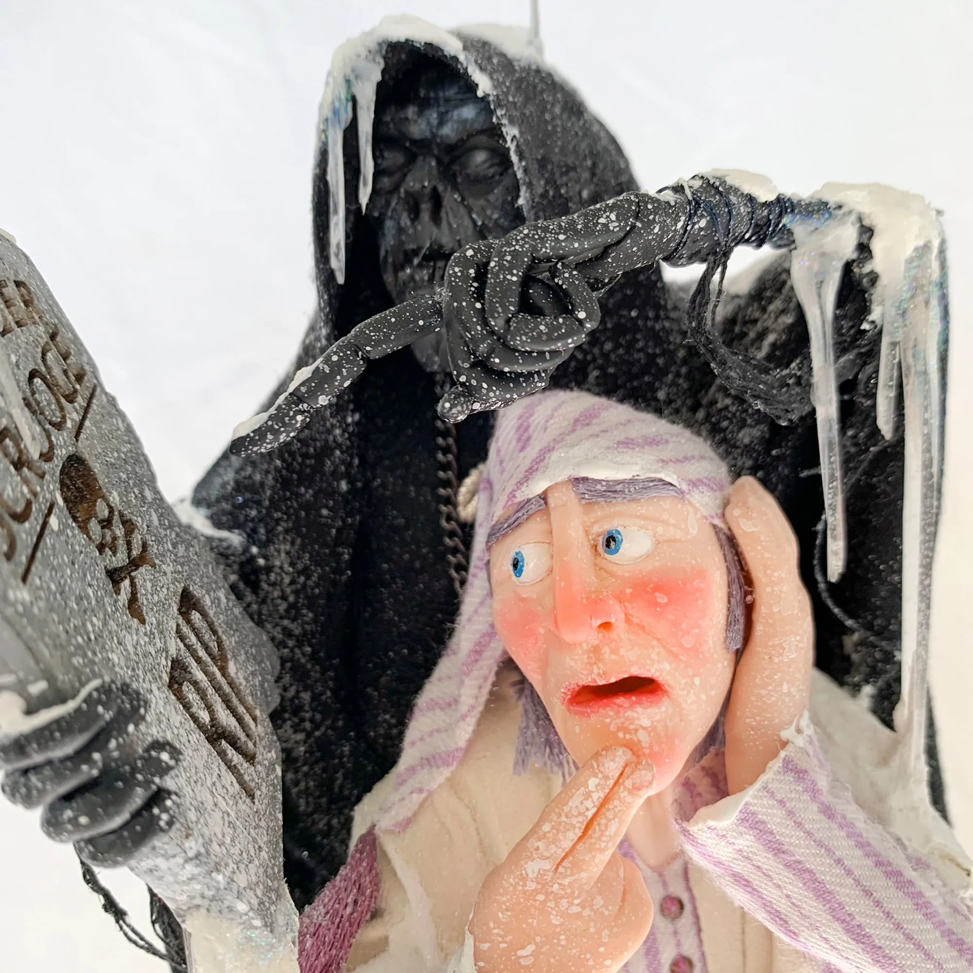 Scrooge and the Ghost of Christmas Future - Charles Dickens Collectable - Tombstone and Lantern - HandmadeSculpture