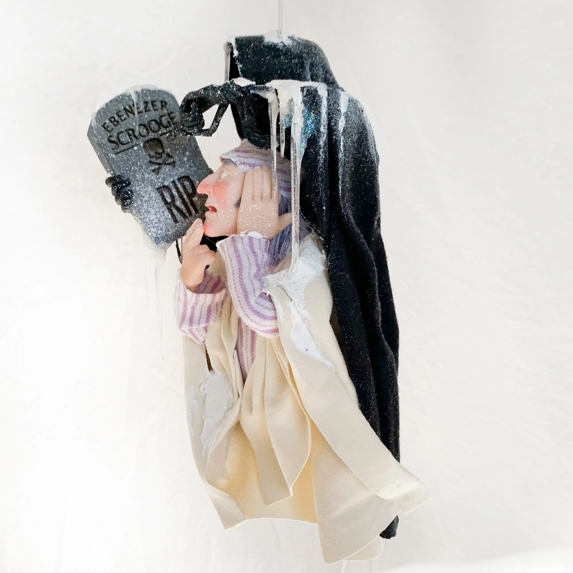 Scrooge and the Ghost of Christmas Future - Charles Dickens Collectable - Tombstone and Lantern - HandmadeSculpture
