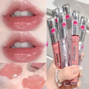 Shiny Lip Gloss with Mirror - Water Glossy Lip Glaze, Lasting Liquid Lipstick, Clear Glitter Primer, Aqua Glowing Lip Oil. Cosmetics