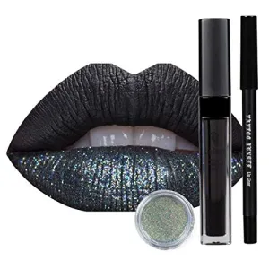 TATTOO JUNKEE Leather Lip Trio Lip Paint Kit, Includes Black Lip Liner & Matte Long-Wear Lip Paint   Coordinating Fine-Milled Opalescent Cosmetic Glitter