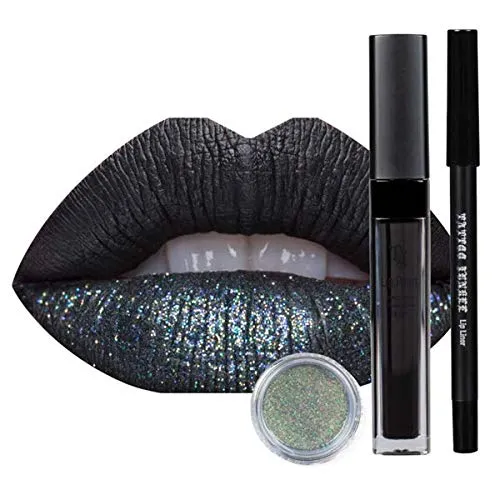 TATTOO JUNKEE Leather Lip Trio Lip Paint Kit, Includes Black Lip Liner & Matte Long-Wear Lip Paint   Coordinating Fine-Milled Opalescent Cosmetic Glitter