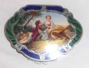 Vintage 800 Silver Powder Compact Intact Mirror Enameled Rococo Courting Scene