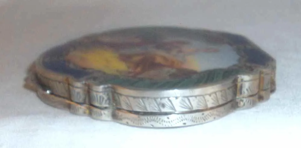 Vintage 800 Silver Powder Compact Intact Mirror Enameled Rococo Courting Scene