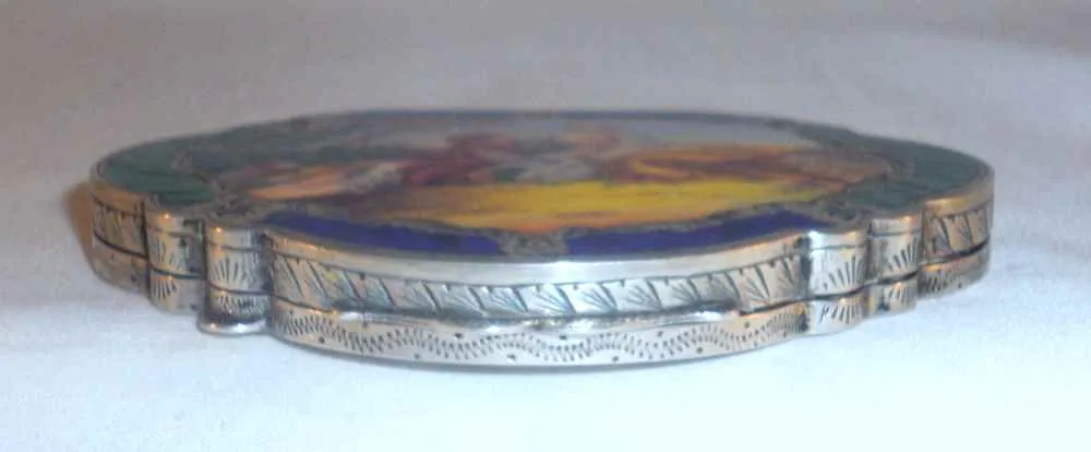 Vintage 800 Silver Powder Compact Intact Mirror Enameled Rococo Courting Scene