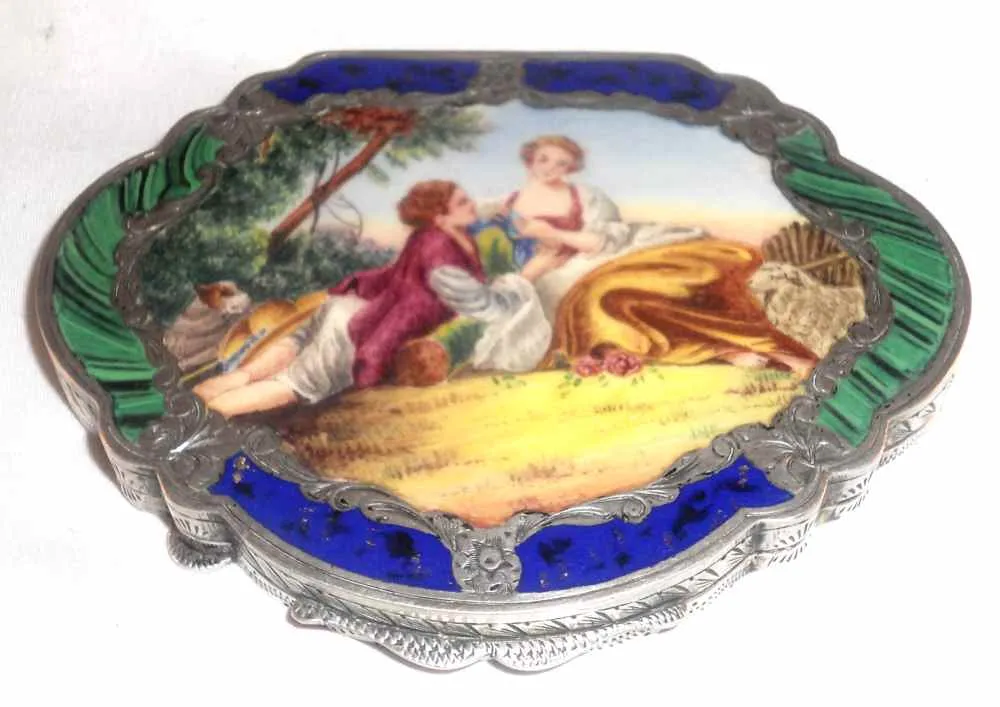 Vintage 800 Silver Powder Compact Intact Mirror Enameled Rococo Courting Scene