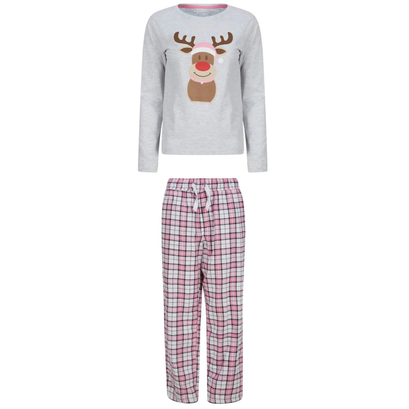 Womens Christmas Pyjama Set Rudolph Print/Check Bottoms